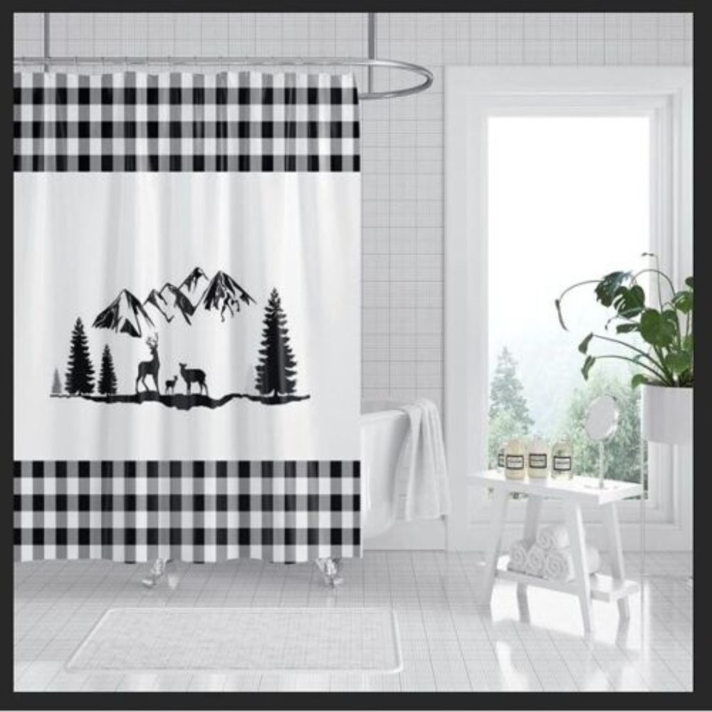 Deer Shower Curtain Buffalo Plaid Check  72" x 72" Polyester Fabric + Hooks Set